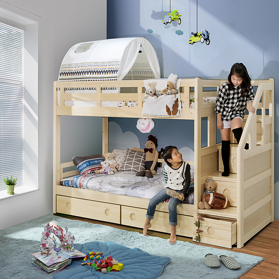 (하부서랍포함) 에보니아미키계단형원목이층침대(싱글)(상하단 매트포함)